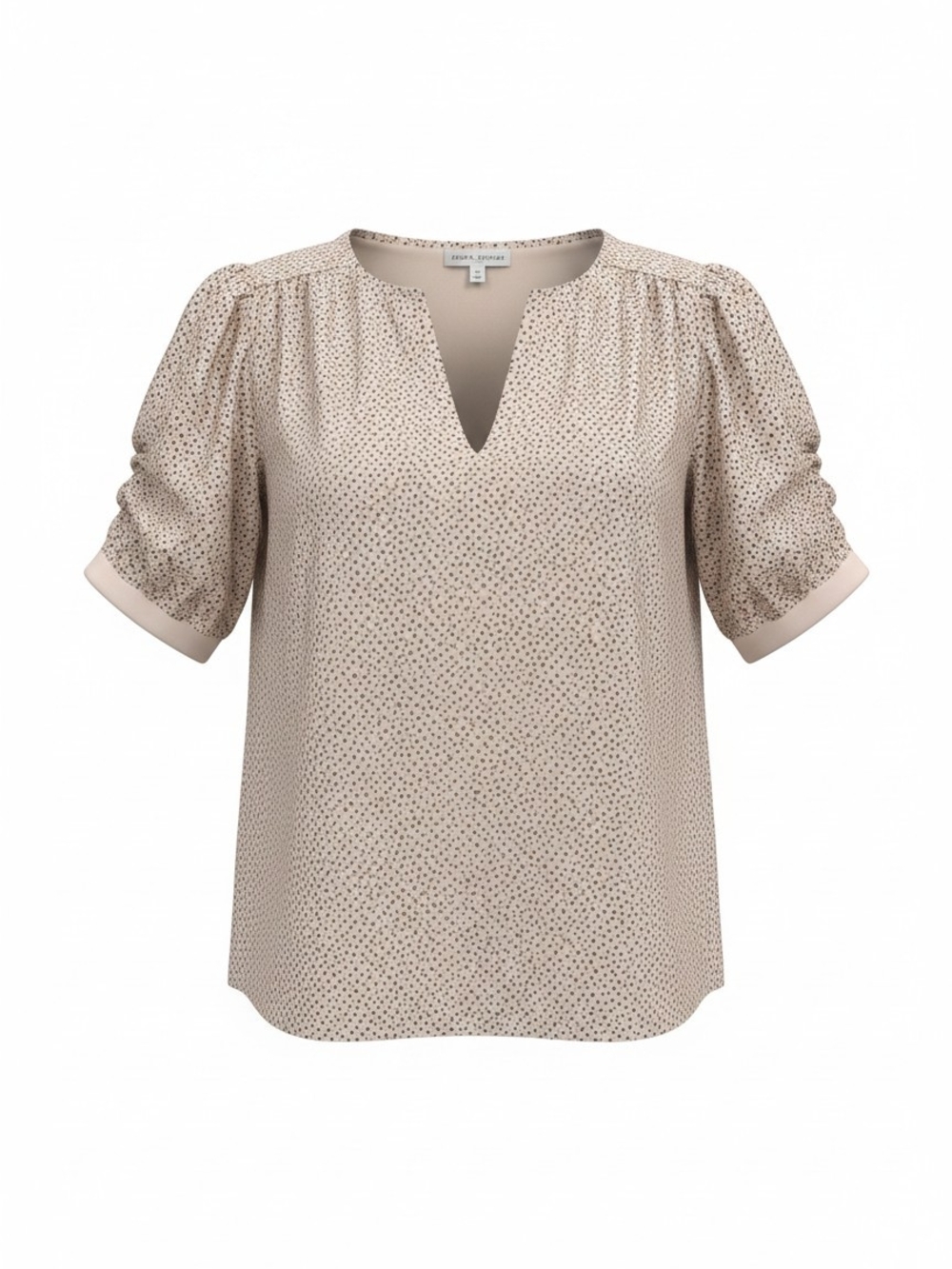 Women's Neutral Dot Split-Neck Puff Blouse